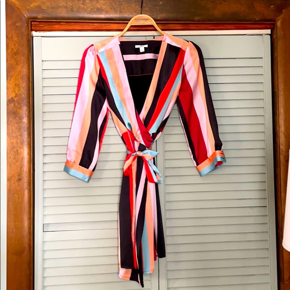 Knee length striped wrap dress